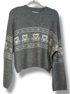 Happily Grey Sweater Teddy Bears White Crew Knit Jumper Womens Size Medium